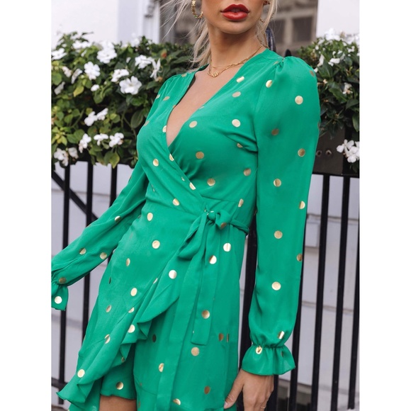 Green Gold Polka Dot Ruffle Wrap Mini Dress - Picture 5 of 6